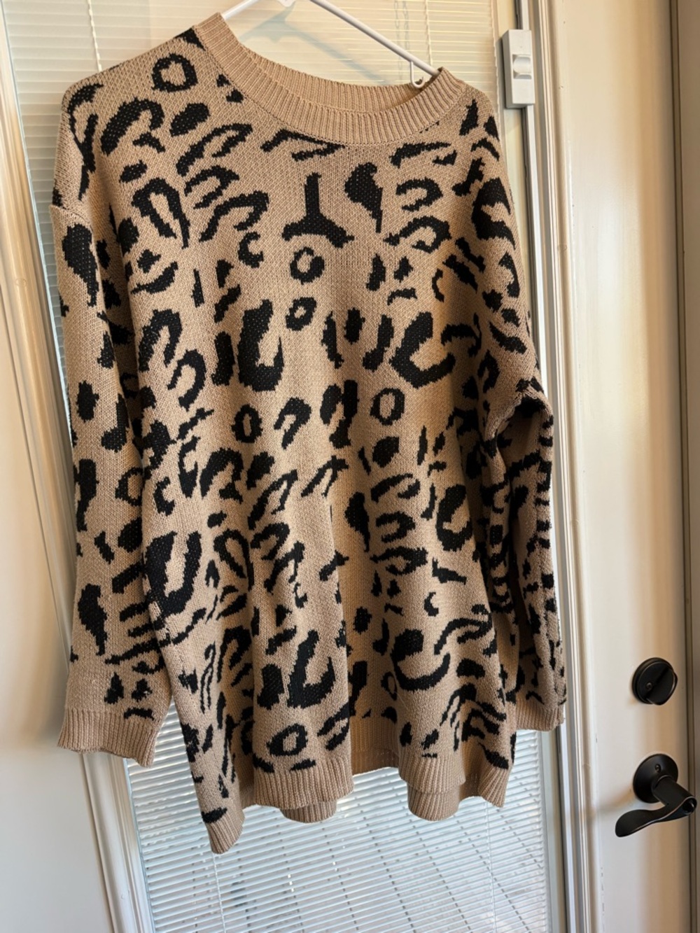 Oversized Beige Crewneck Sweater with Black Animal Print